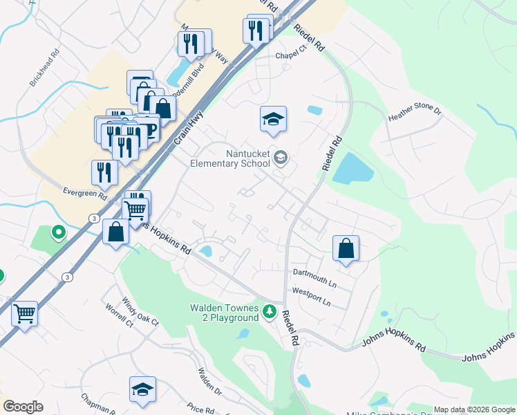 map of restaurants, bars, coffee shops, grocery stores, and more near 2544 Selkirk Court in Crofton