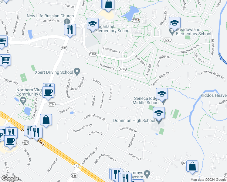 map of restaurants, bars, coffee shops, grocery stores, and more near 204 Leslie Court in Sterling