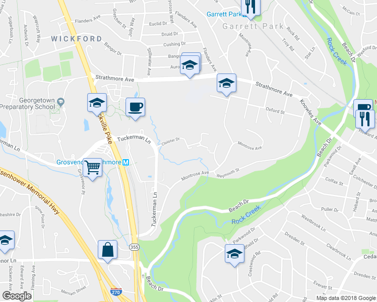 map of restaurants, bars, coffee shops, grocery stores, and more near 4946 Cloister Drive in Rockville
