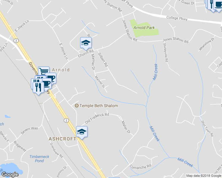 map of restaurants, bars, coffee shops, grocery stores, and more near 1440 Gilbert Road in Arnold