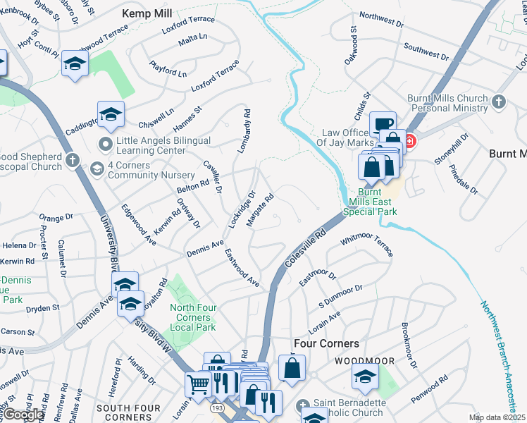 map of restaurants, bars, coffee shops, grocery stores, and more near 10703 Margate Road in Silver Spring