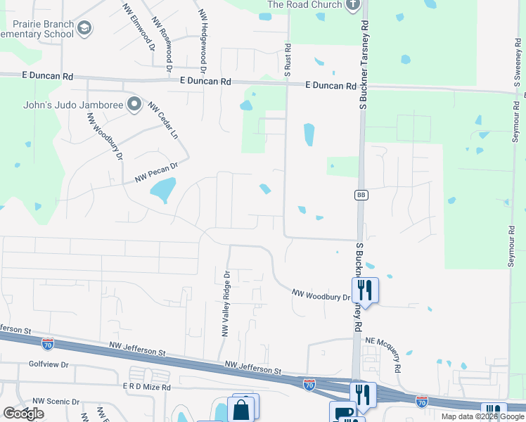 map of restaurants, bars, coffee shops, grocery stores, and more near 408 Northwest Whitney Drive in Grain Valley