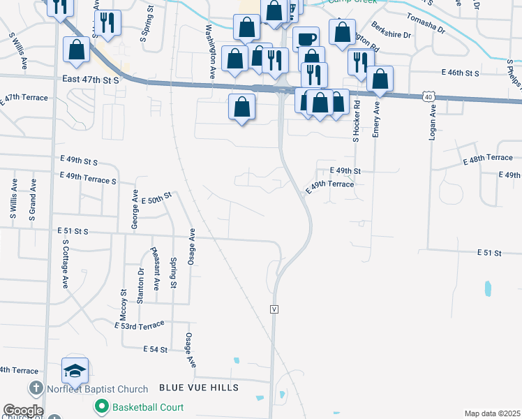 map of restaurants, bars, coffee shops, grocery stores, and more near 13800 East 50th Street in Kansas City