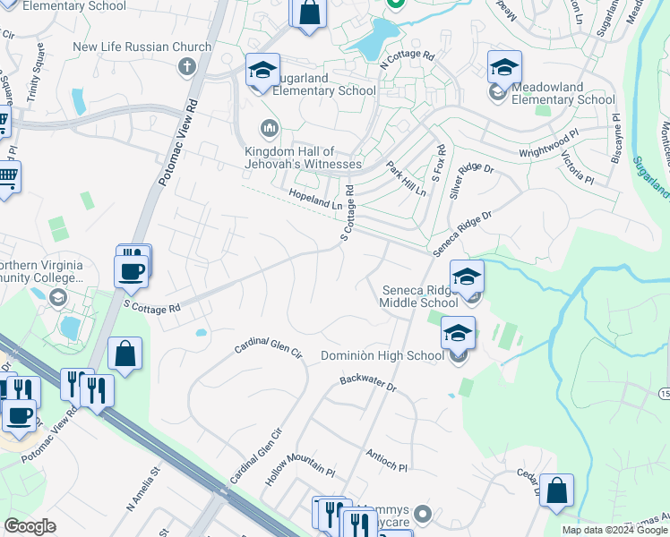 map of restaurants, bars, coffee shops, grocery stores, and more near 110 Nalls Court in Sterling