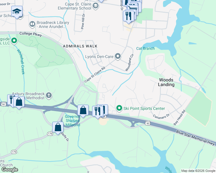 map of restaurants, bars, coffee shops, grocery stores, and more near 1405 Anna Marie Court in Annapolis