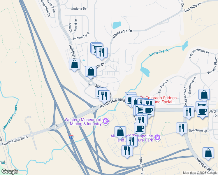 map of restaurants, bars, coffee shops, grocery stores, and more near 144 Paloma Heights in Colorado Springs
