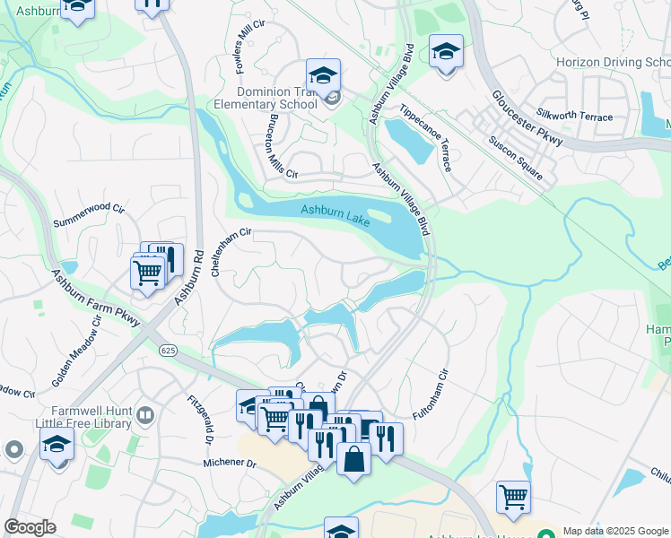 map of restaurants, bars, coffee shops, grocery stores, and more near 44031 Rising Sun Terrace in Ashburn