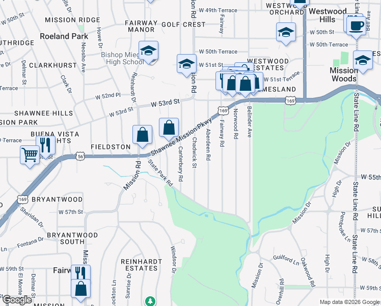 map of restaurants, bars, coffee shops, grocery stores, and more near 5440 Chadwick Street in Fairway