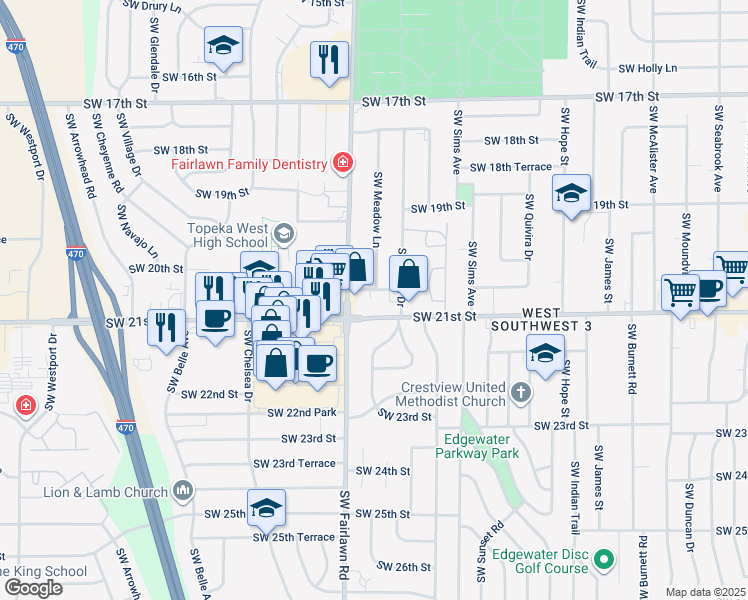 map of restaurants, bars, coffee shops, grocery stores, and more near 5015 Southwest 20th Terrace in Topeka