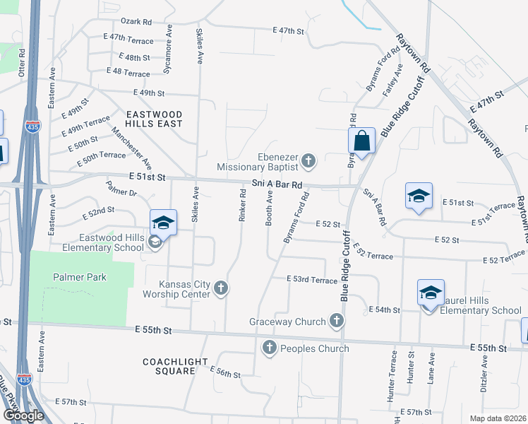 map of restaurants, bars, coffee shops, grocery stores, and more near 5116 Booth Avenue in Kansas City
