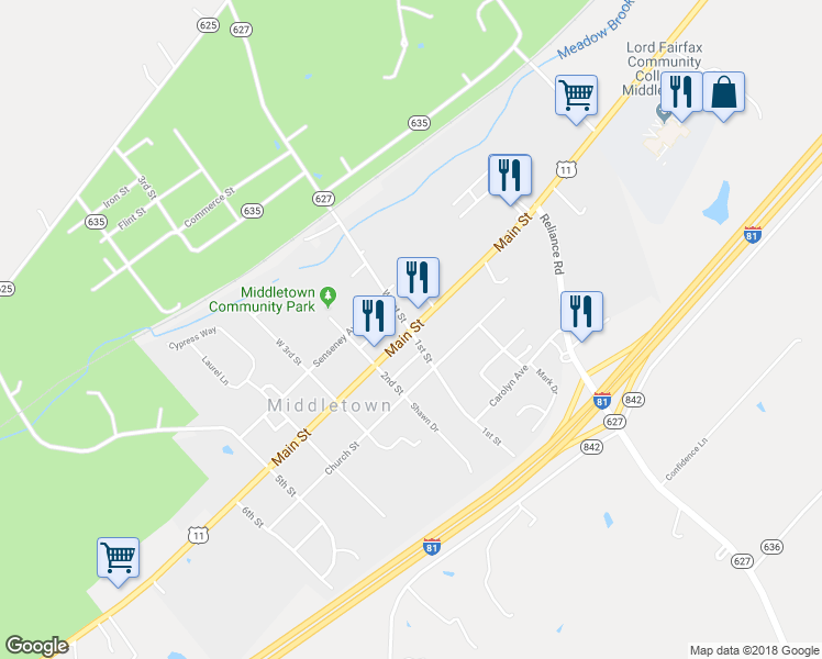 map of restaurants, bars, coffee shops, grocery stores, and more near 7799 Main Street in Middletown