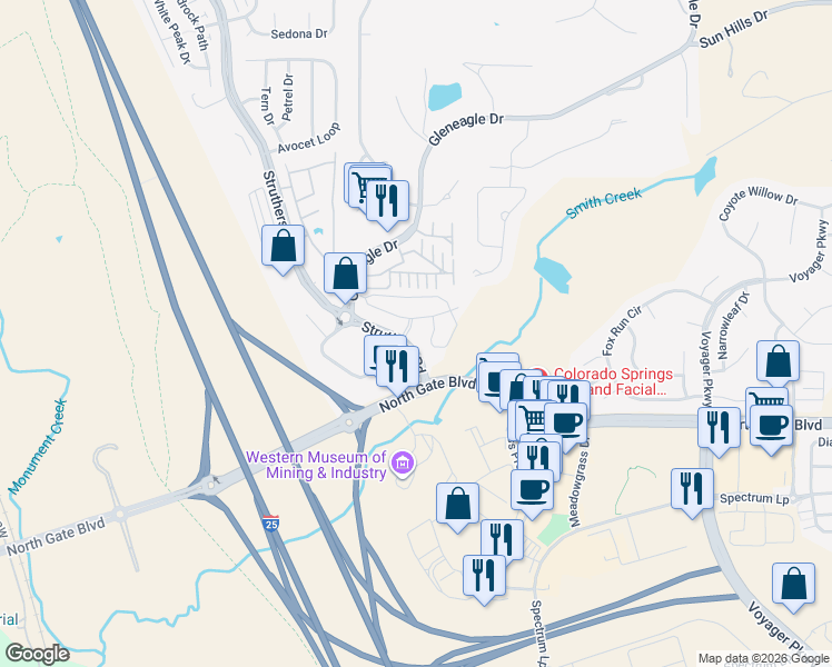 map of restaurants, bars, coffee shops, grocery stores, and more near 144 Paloma Heights in Colorado Springs
