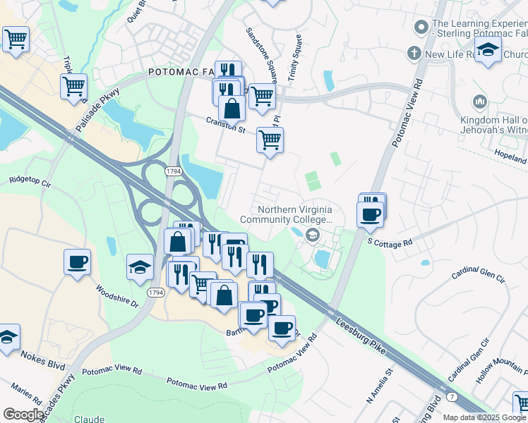 map of restaurants, bars, coffee shops, grocery stores, and more near 46373 Pryor Square in Potomac Falls