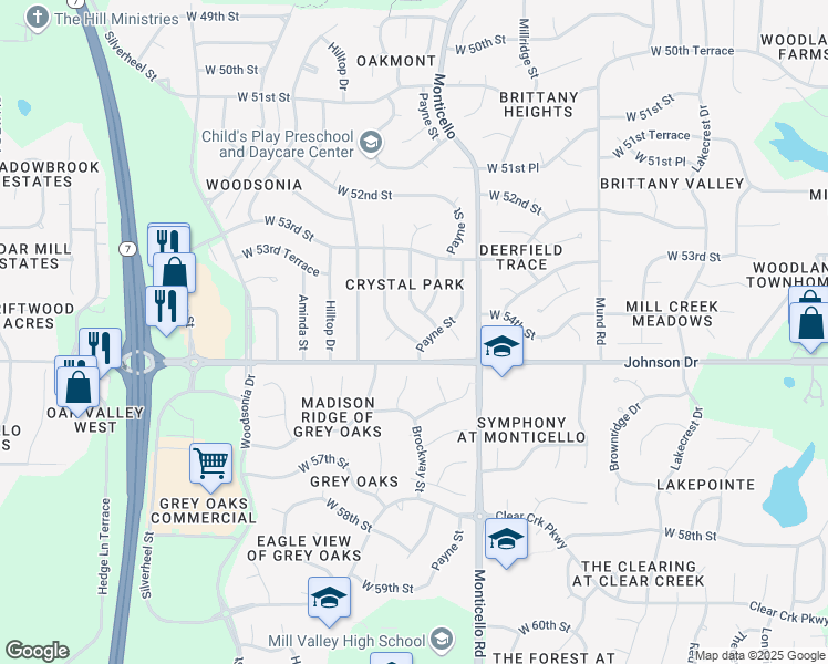 map of restaurants, bars, coffee shops, grocery stores, and more near 5421 Roundtree Street in Shawnee