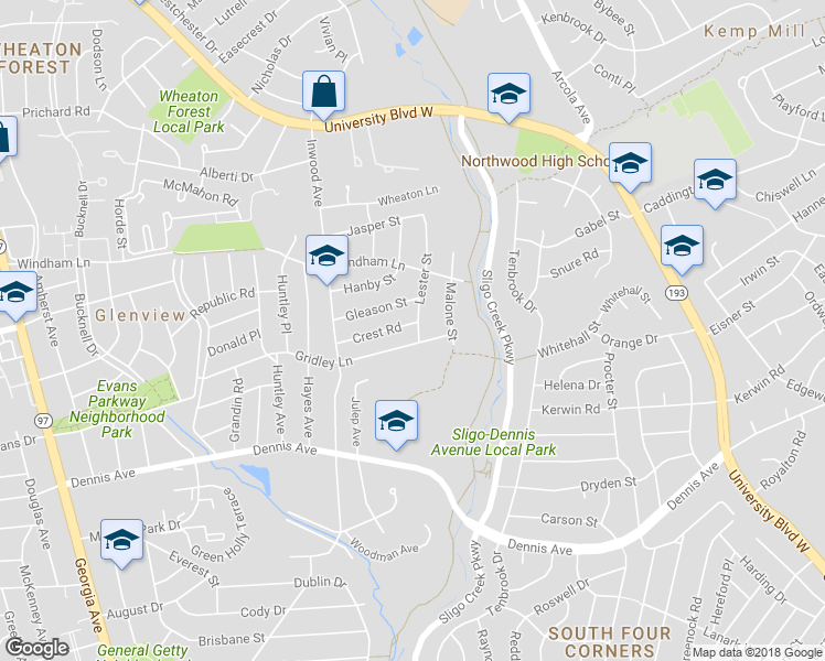 map of restaurants, bars, coffee shops, grocery stores, and more near 1500 Crest Rd in Silver Spring
