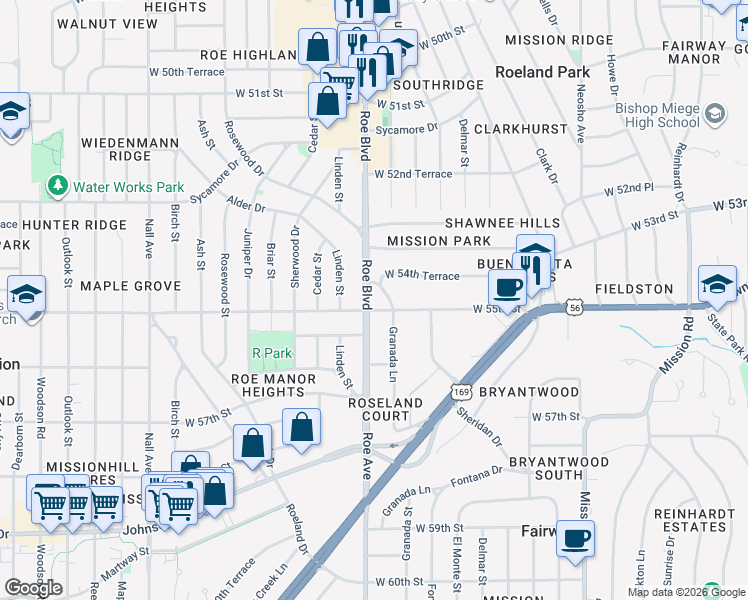 map of restaurants, bars, coffee shops, grocery stores, and more near 5441 Roe Boulevard in Roeland Park