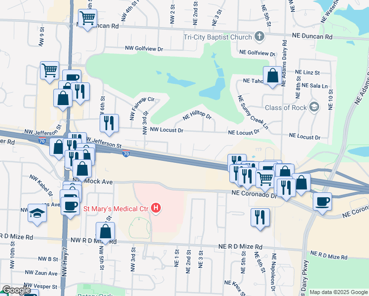map of restaurants, bars, coffee shops, grocery stores, and more near 1102 Northeast 1st Terrace in Blue Springs