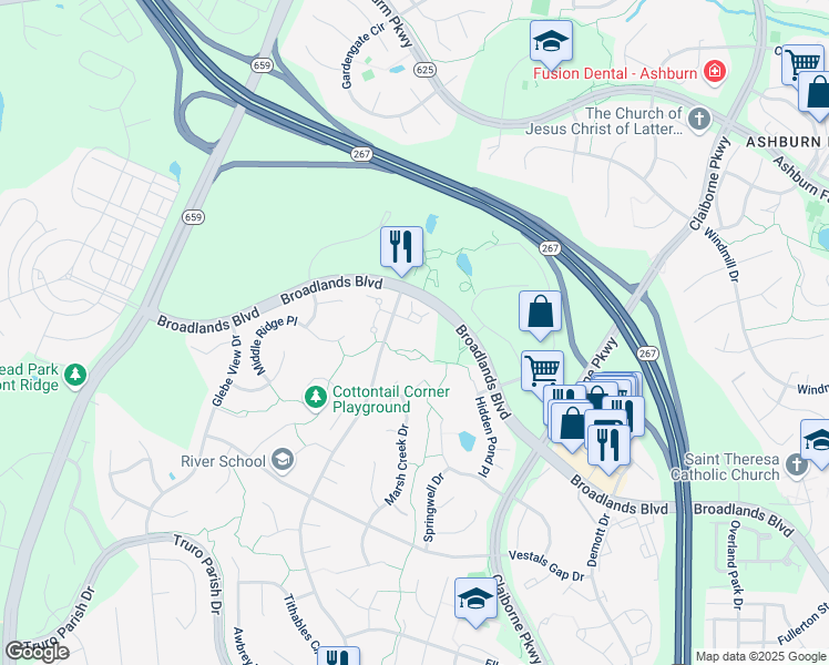 map of restaurants, bars, coffee shops, grocery stores, and more near 42931 Sundance Square in Broadlands