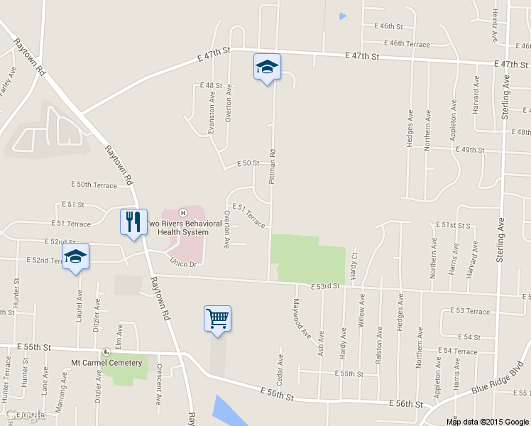 map of restaurants, bars, coffee shops, grocery stores, and more near 5102 Pittman Rd in Kansas City