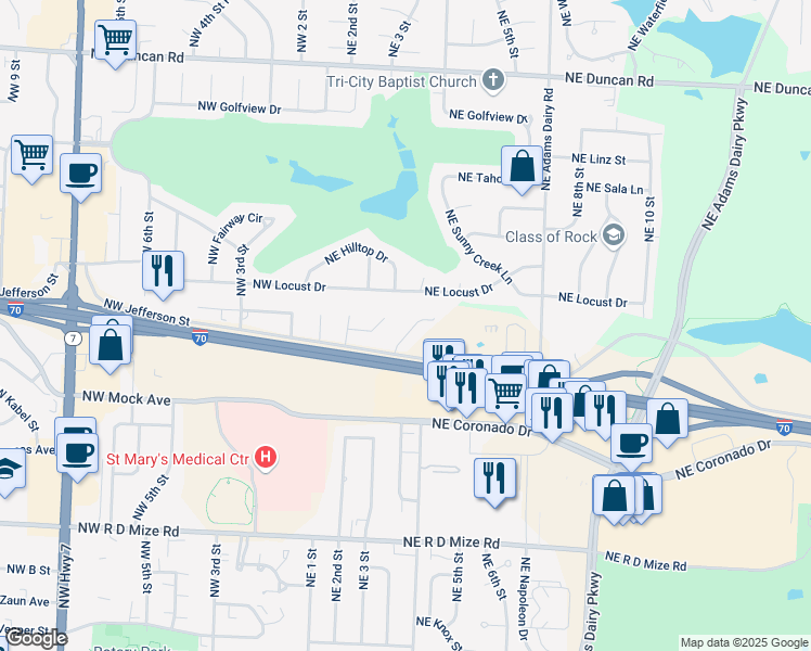 map of restaurants, bars, coffee shops, grocery stores, and more near 401 Northeast Highland Lane in Blue Springs