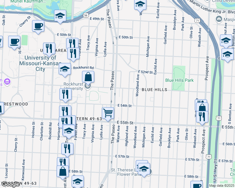 map of restaurants, bars, coffee shops, grocery stores, and more near 5316 The Paseo in Kansas City