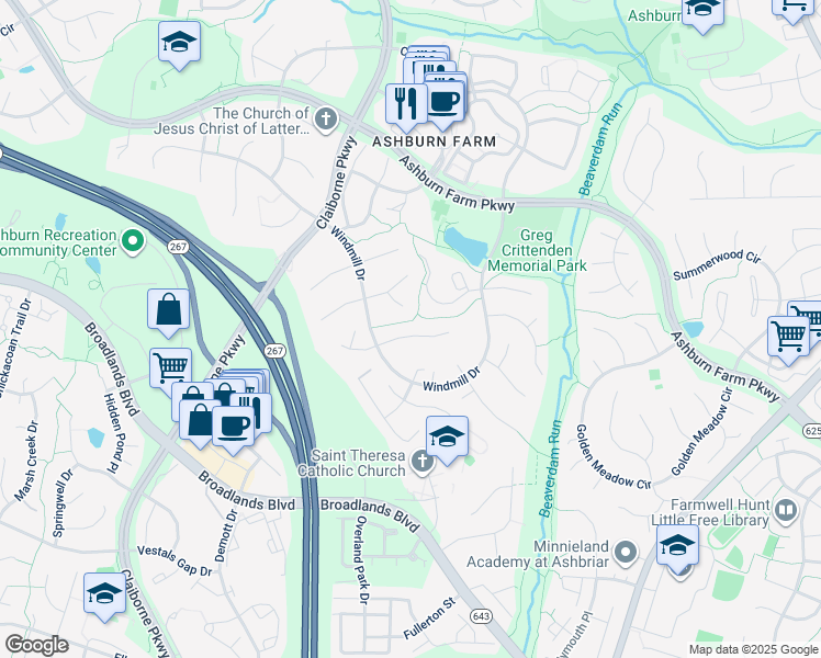map of restaurants, bars, coffee shops, grocery stores, and more near 43322 Butterfield Court in Ashburn