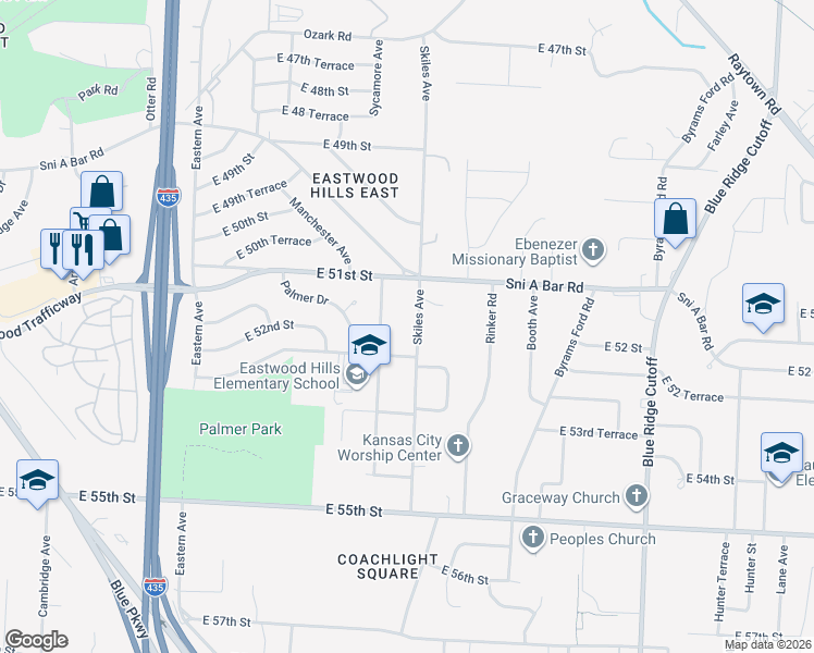 map of restaurants, bars, coffee shops, grocery stores, and more near 5140 Skiles Avenue in Kansas City