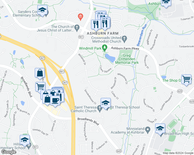 map of restaurants, bars, coffee shops, grocery stores, and more near 43322 Butterfield Court in Ashburn