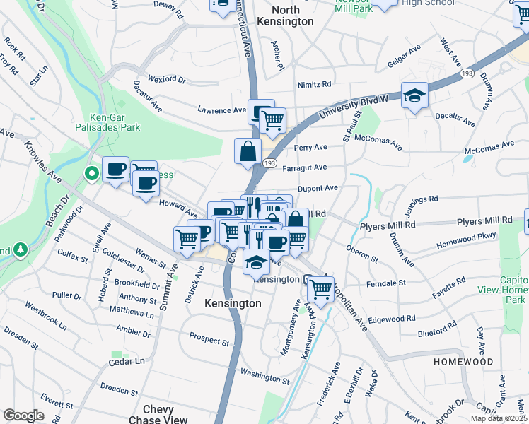 map of restaurants, bars, coffee shops, grocery stores, and more near 3709 Plyers Mill Road in Kensington