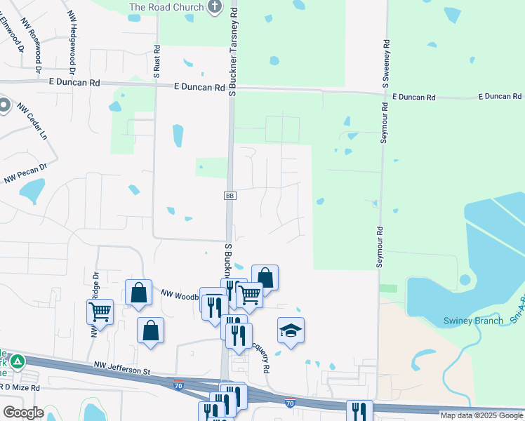 map of restaurants, bars, coffee shops, grocery stores, and more near 1411 Northeast Mary Court in Grain Valley