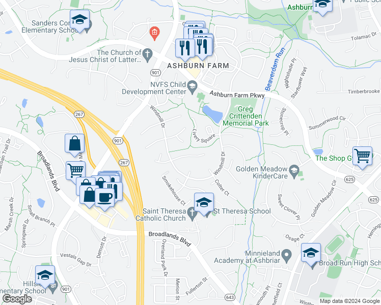 map of restaurants, bars, coffee shops, grocery stores, and more near 43326 Butterfield Court in Ashburn