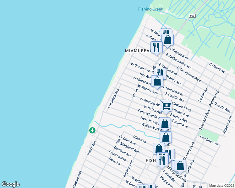 map of restaurants, bars, coffee shops, grocery stores, and more near 247 West Bates Avenue in Lower Township