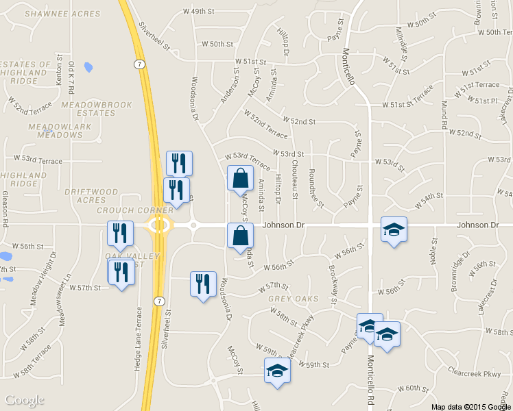 map of restaurants, bars, coffee shops, grocery stores, and more near 5412 Aminda St in Shawnee