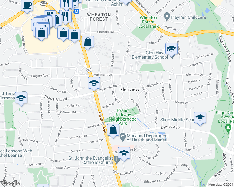 map of restaurants, bars, coffee shops, grocery stores, and more near 10607 Bucknell Drive in Silver Spring
