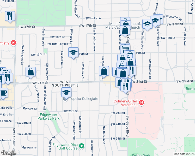 map of restaurants, bars, coffee shops, grocery stores, and more near 4310 Southwest 21st Street in Topeka
