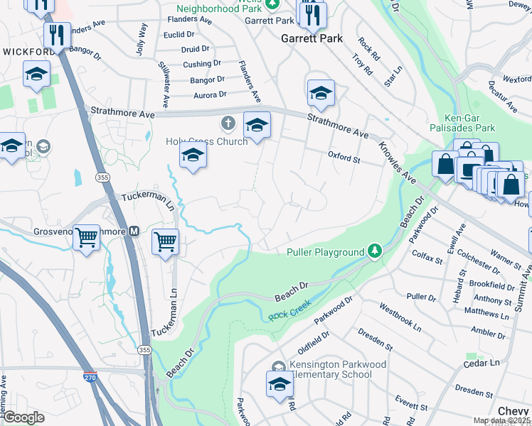 map of restaurants, bars, coffee shops, grocery stores, and more near 10512 Weymouth Street in Bethesda