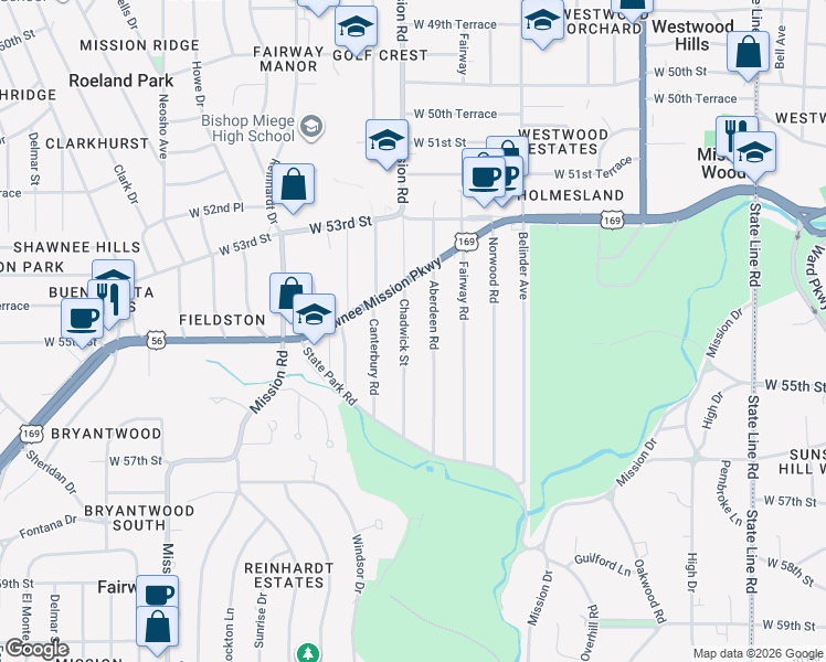 map of restaurants, bars, coffee shops, grocery stores, and more near 5440 Chadwick Street in Fairway