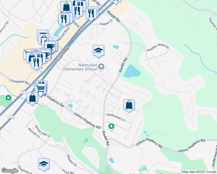 map of restaurants, bars, coffee shops, grocery stores, and more near 2501 Weston Court in Crofton