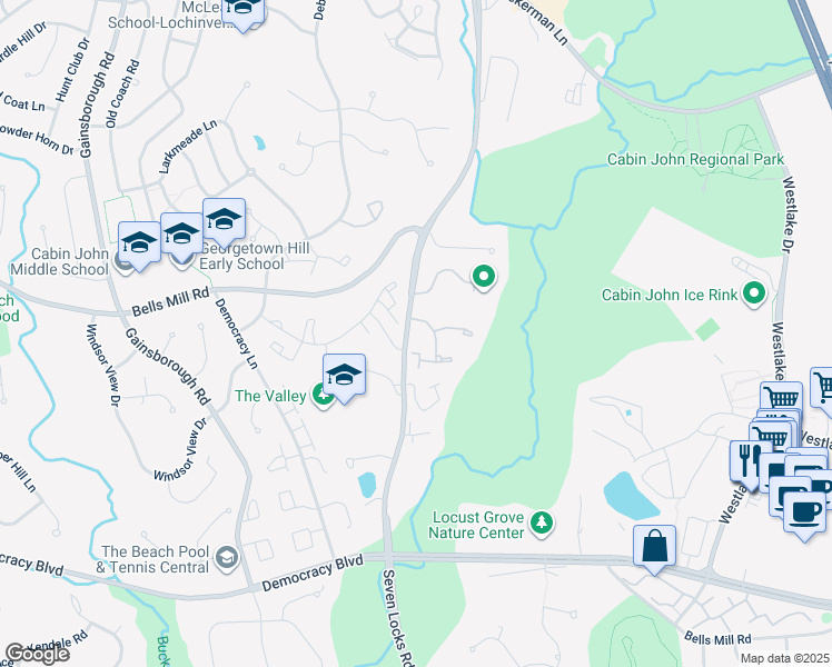 map of restaurants, bars, coffee shops, grocery stores, and more near 10704 Muirfield Drive in Potomac
