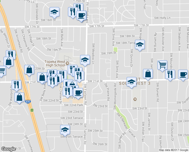map of restaurants, bars, coffee shops, grocery stores, and more near 5015 Southwest 20th Terrace in Topeka