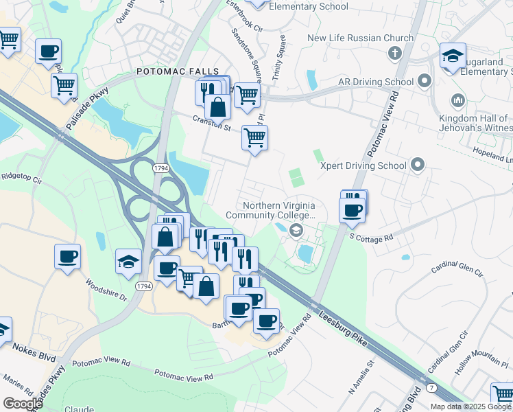 map of restaurants, bars, coffee shops, grocery stores, and more near 46373 Utica Square in Sterling