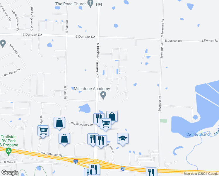 map of restaurants, bars, coffee shops, grocery stores, and more near 1410 Northeast Mary Court in Grain Valley