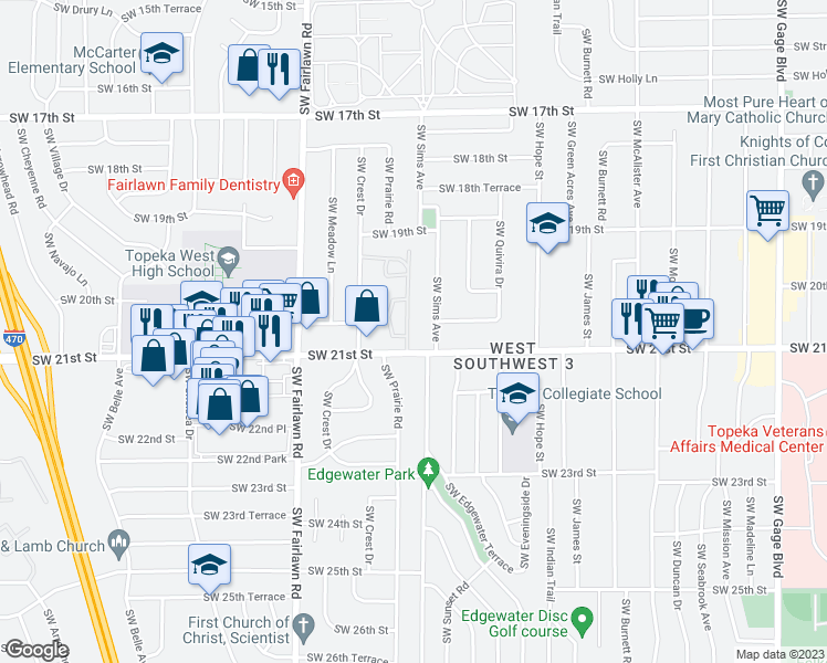 map of restaurants, bars, coffee shops, grocery stores, and more near 2052 Southwest Regency Parkway in Topeka