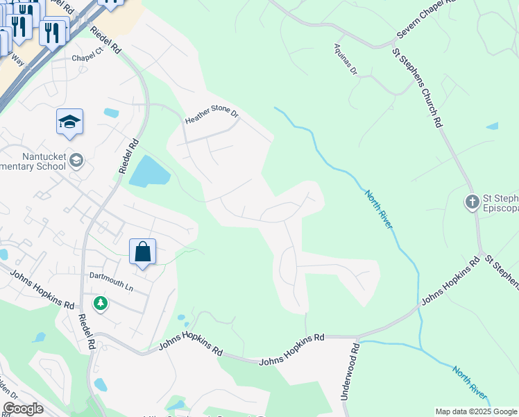 map of restaurants, bars, coffee shops, grocery stores, and more near 2204 Noble Way in Gambrills