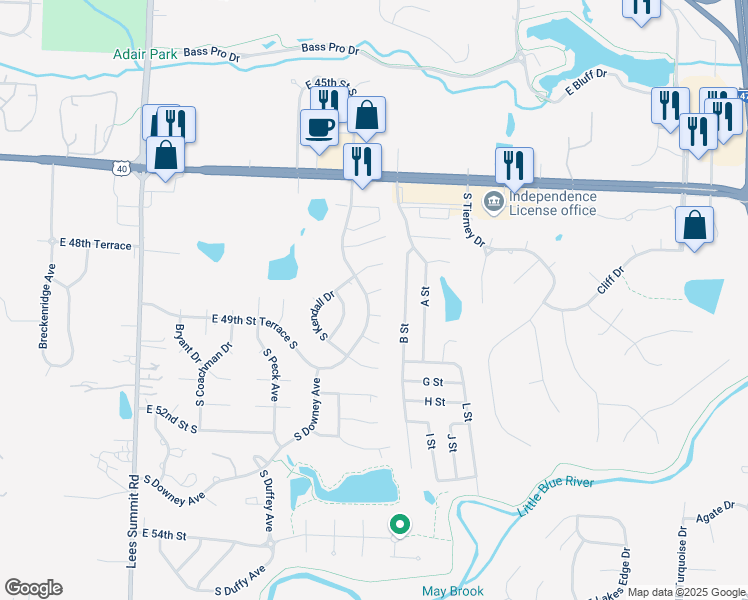 map of restaurants, bars, coffee shops, grocery stores, and more near 4900 South Shrank Drive in Independence