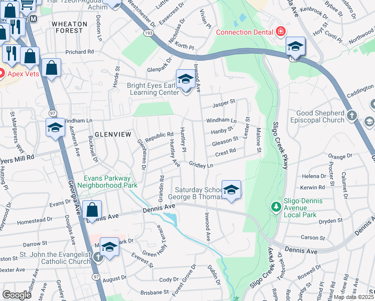 map of restaurants, bars, coffee shops, grocery stores, and more near 10509 Huntley Place in Silver Spring