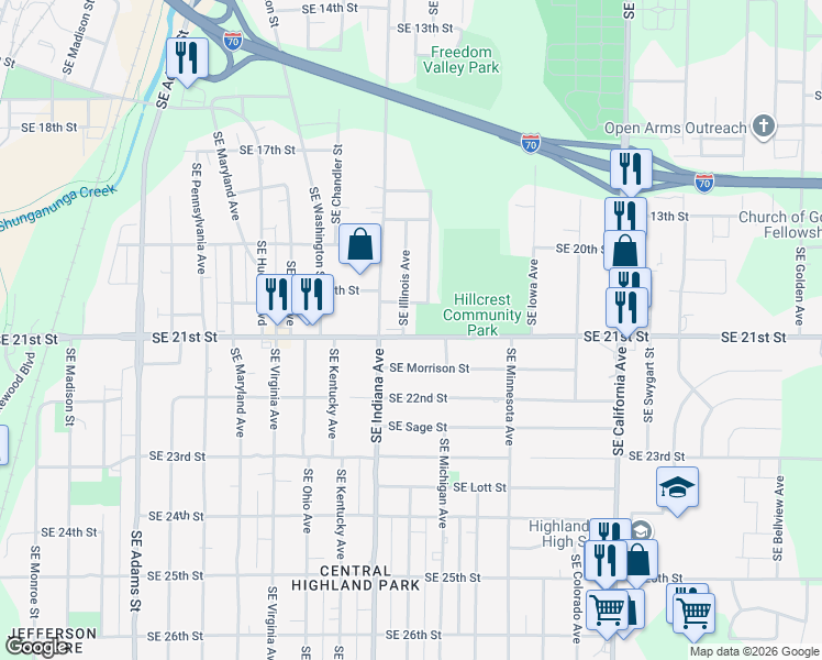 map of restaurants, bars, coffee shops, grocery stores, and more near 2008 Southeast Illinois Avenue in Topeka