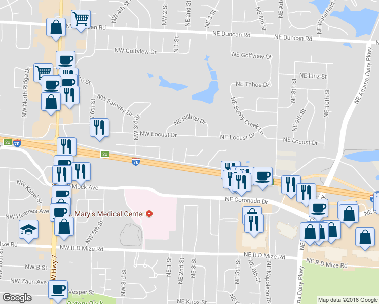 map of restaurants, bars, coffee shops, grocery stores, and more near 1000 Northeast 2nd Street in Blue Springs