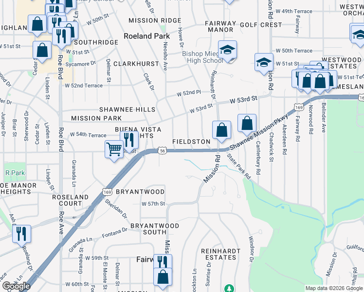 map of restaurants, bars, coffee shops, grocery stores, and more near 3712 Shawnee Mission Parkway in Fairway
