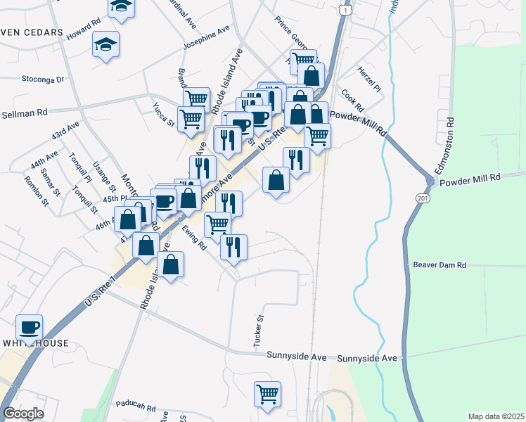 map of restaurants, bars, coffee shops, grocery stores, and more near in Beltsville